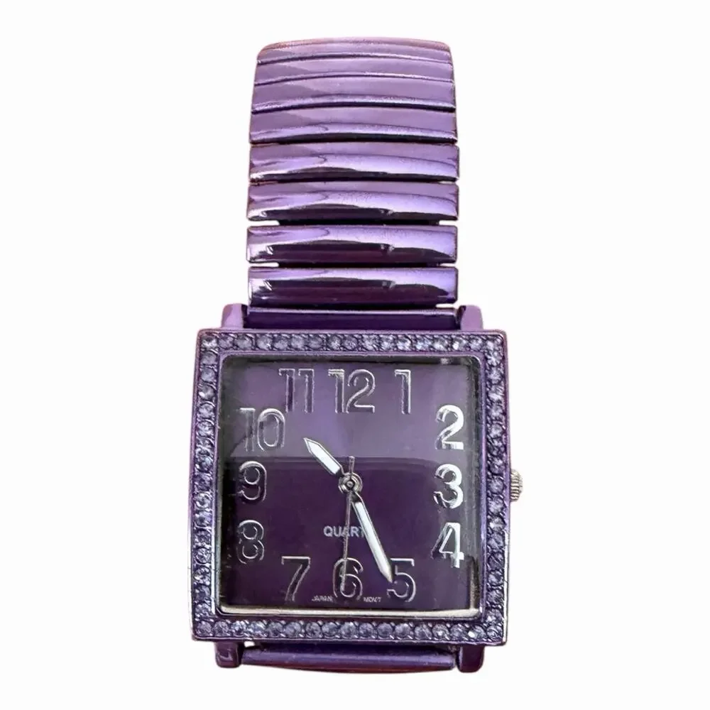 Avon Metallic Purple Stretch Band Rhinestone Bracelet Watch Rectangular Quartz
